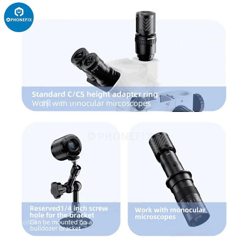 PHONEFIX MEGA-IDEA CX60 CMOS 4K industrial microscope camera showing detailed lens and camera body for high-resolution imaging.