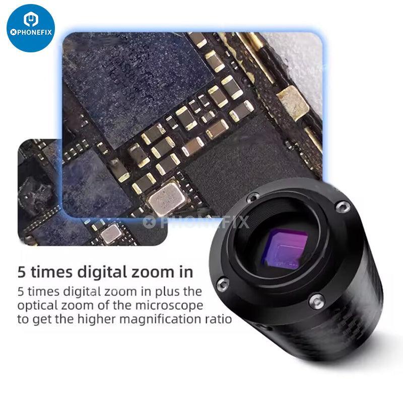 PhoneFix MEGA-IDEA CX60 CMOS 4K industrial microscope camera showing a close-up view of microscope slides and camera lens.