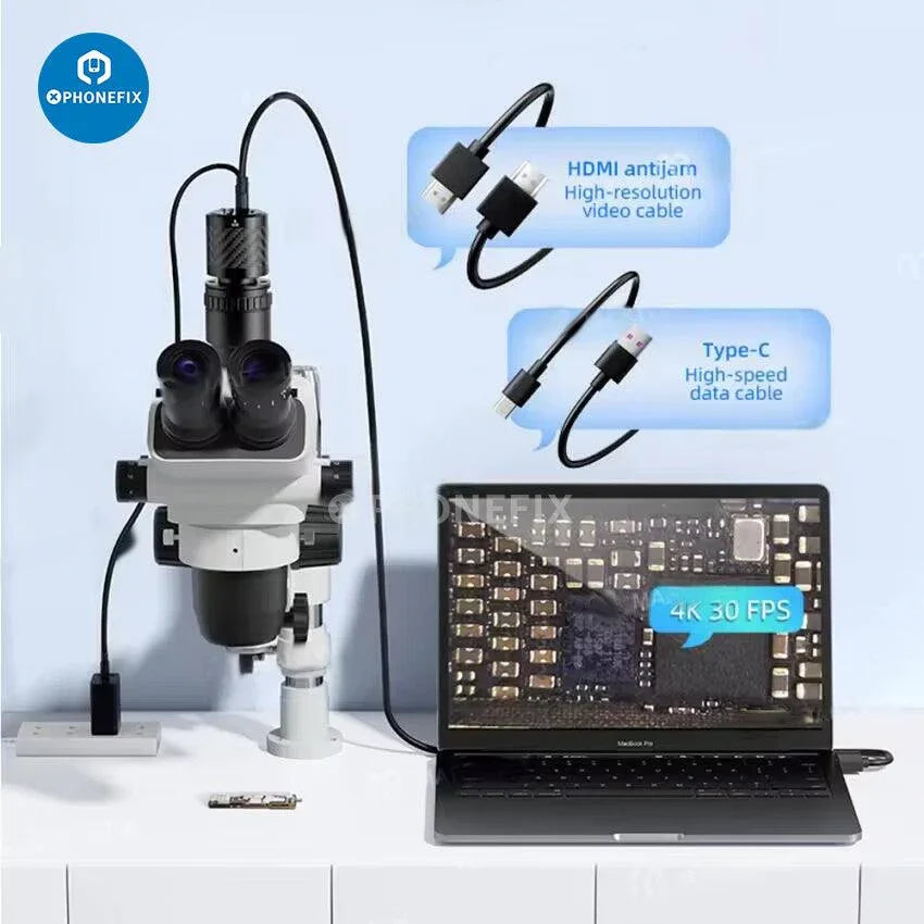 PhoneFix MEGA-IDEA CX60 CMOS 4K industrial microscope camera mounted on a microscope for high-resolution imaging.