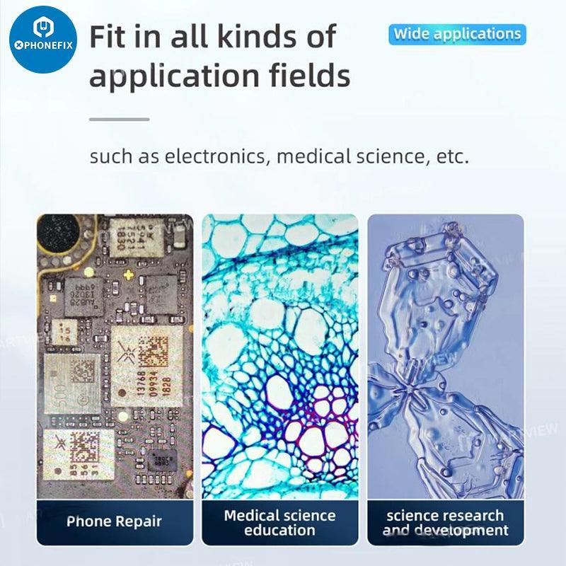 PhoneFix MEGA-IDEA CX60 CMOS 4K industrial microscope camera showing detailed microscope setup with lenses and digital display