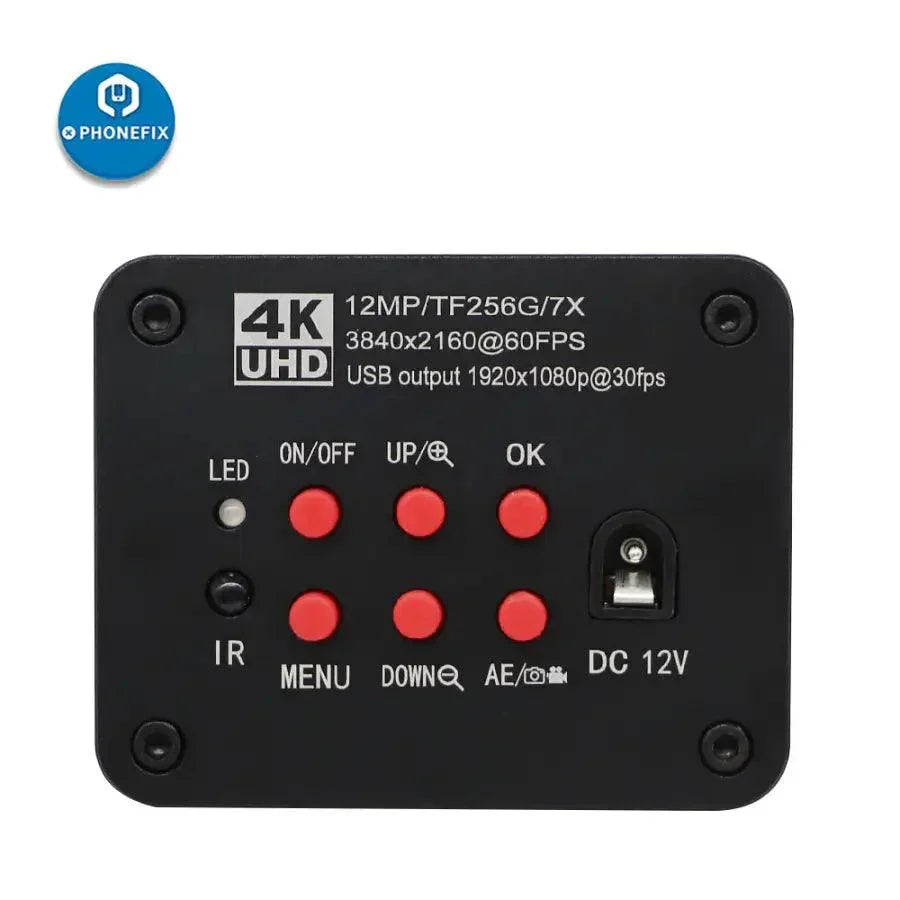 Sony Ultra 12MP UHD 4K Microscope Camera by PHONEFIX, showing the compact industrial digital microscope camera with lens and connection ports.