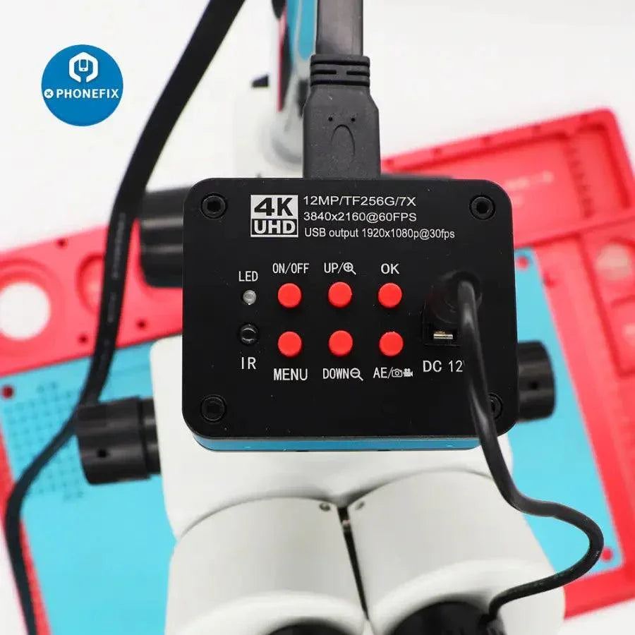 Sony Ultra 12MP UHD 4K microscope camera by PHONEFIX showing the digital camera with lens and control buttons on a white background.
