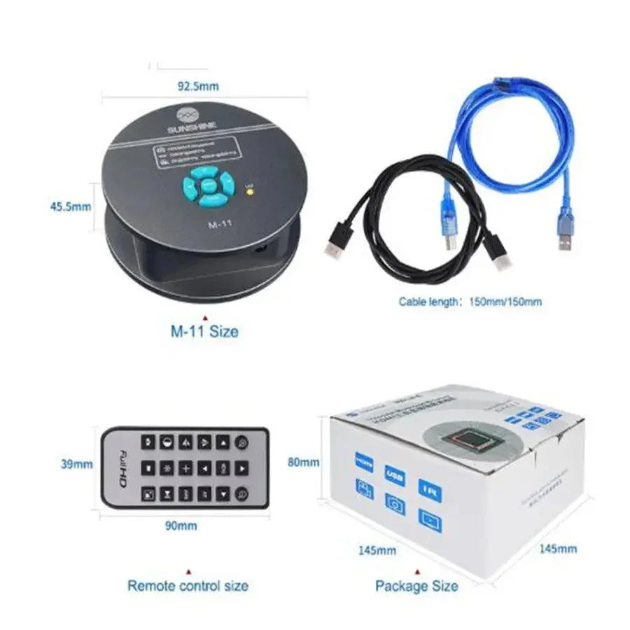 Sunshine M-11 4800W HDMI microscope camera by PHONEFIX with Panasonic COMS image sensor, shown connected to a microscope.