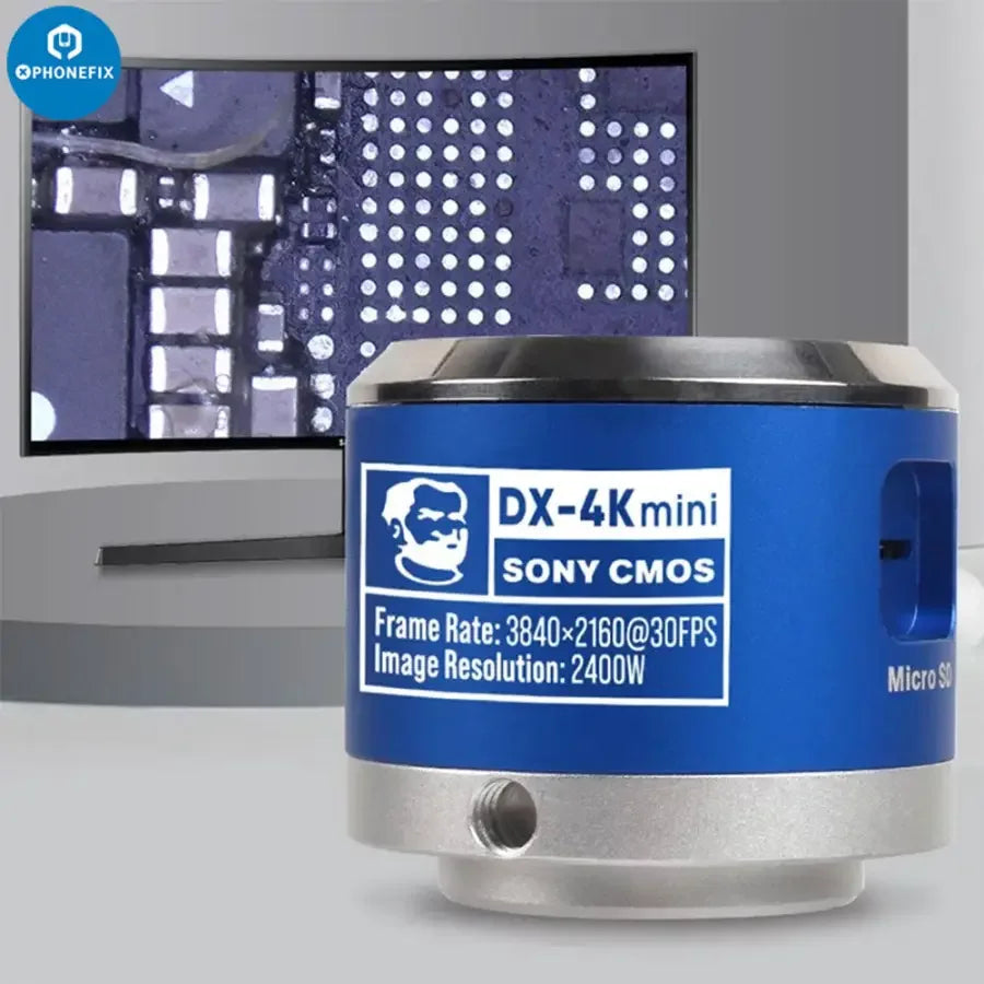 Mechanic DX-4K mini industrial microscope camera with Sony CMOS sensor, compact design, used for detailed microscopic imaging.