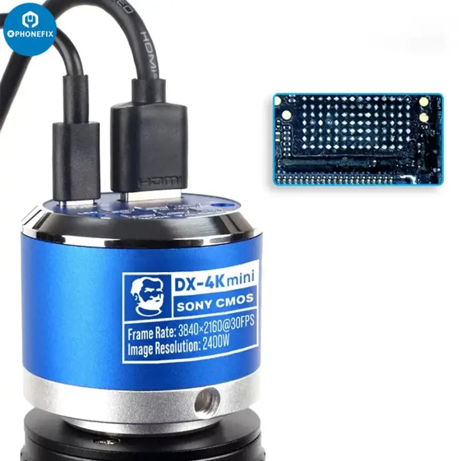 Mechanic DX-4K mini industrial microscope camera with Sony CMOS sensor, compact design, used for detailed microscopic imaging.