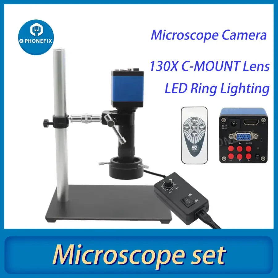PHONEFIX 360° rotatable microscope set with 130X lens, industrial camera, super clamp, for detailed inspection and imaging.