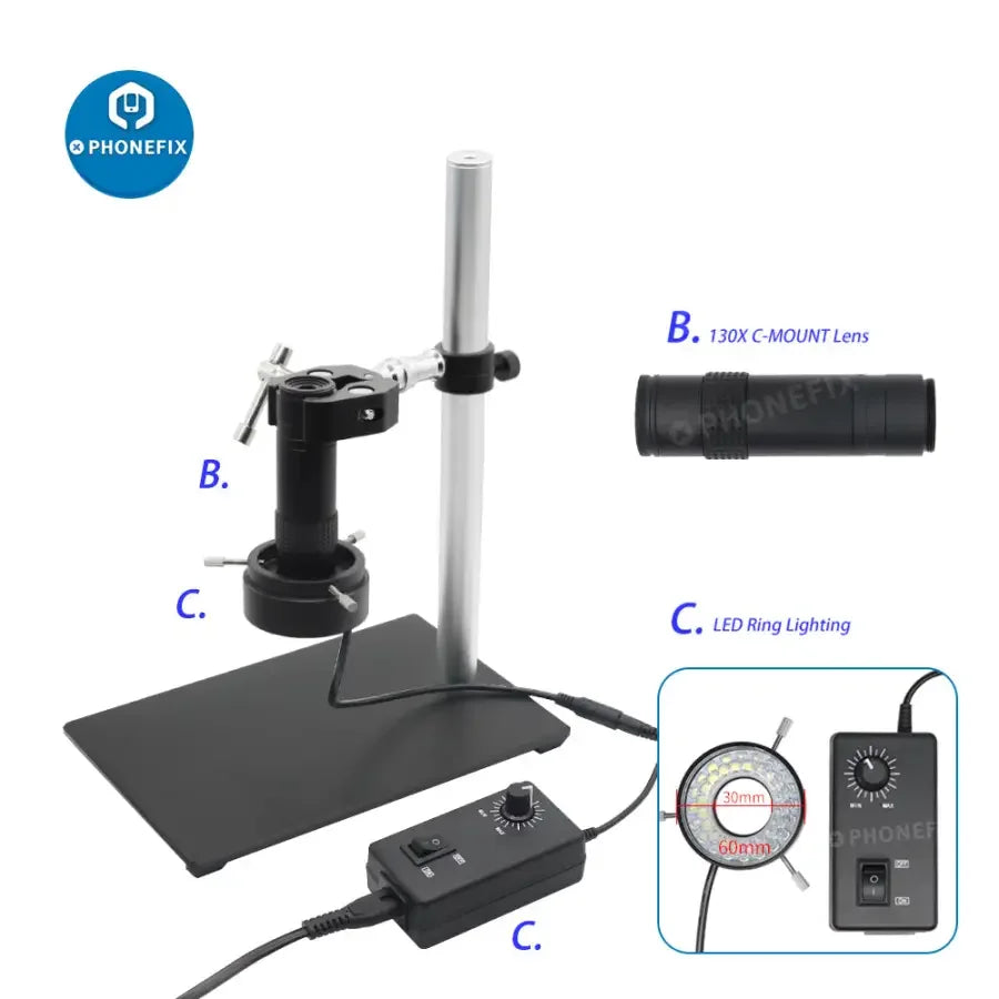 PhoneFix 360° rotatable microscope set with 130X lens, industrial camera, super clamp, and adjustable viewing for detailed inspection.