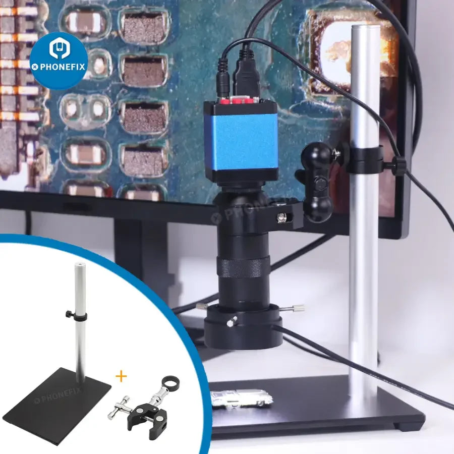 Phonefix 360° rotatable microscope set with industrial camera, 130X lens, super clamp, ideal for detailed microscopic inspection.