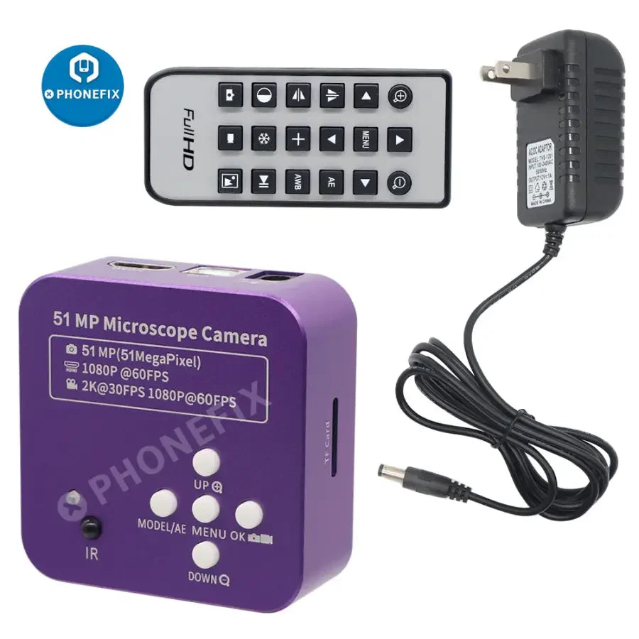PHONEFIX microscope camera with 51MP 2K resolution, HDMI and USB connections, used for phone repair and soldering inspection.