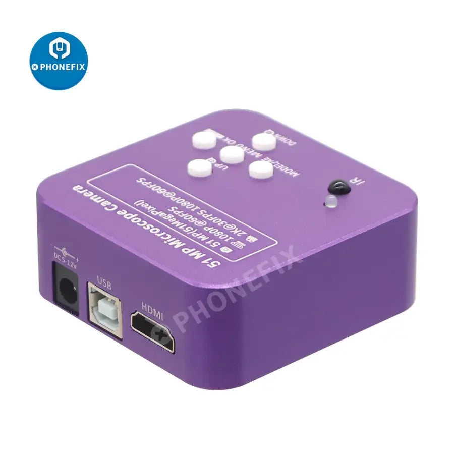 Caméra microscope PHONEFIX 51MP 2K HDMI USB pour la réparation de téléphones, offrant une vue rapprochée détaillée du circuit imprimé avec mise au point réglable.