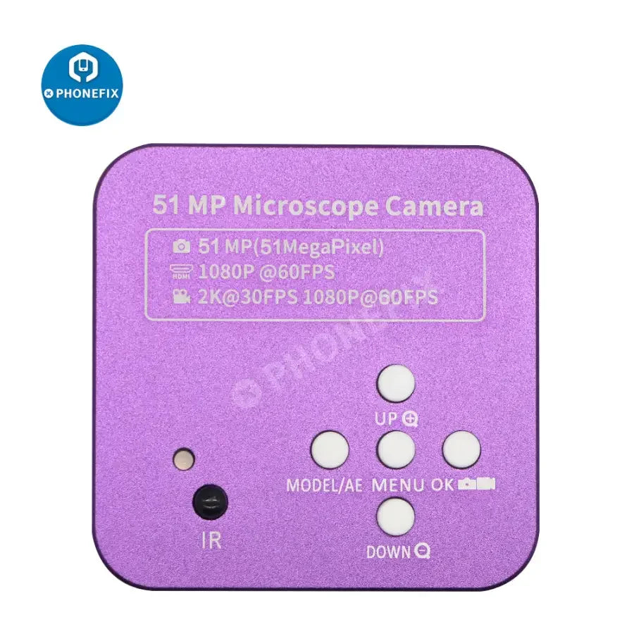 Caméra microscope PHONEFIX 51MP 2K 1080P avec HDMI et USB pour la réparation de téléphones, vue rapprochée détaillée de l'objectif de la caméra.