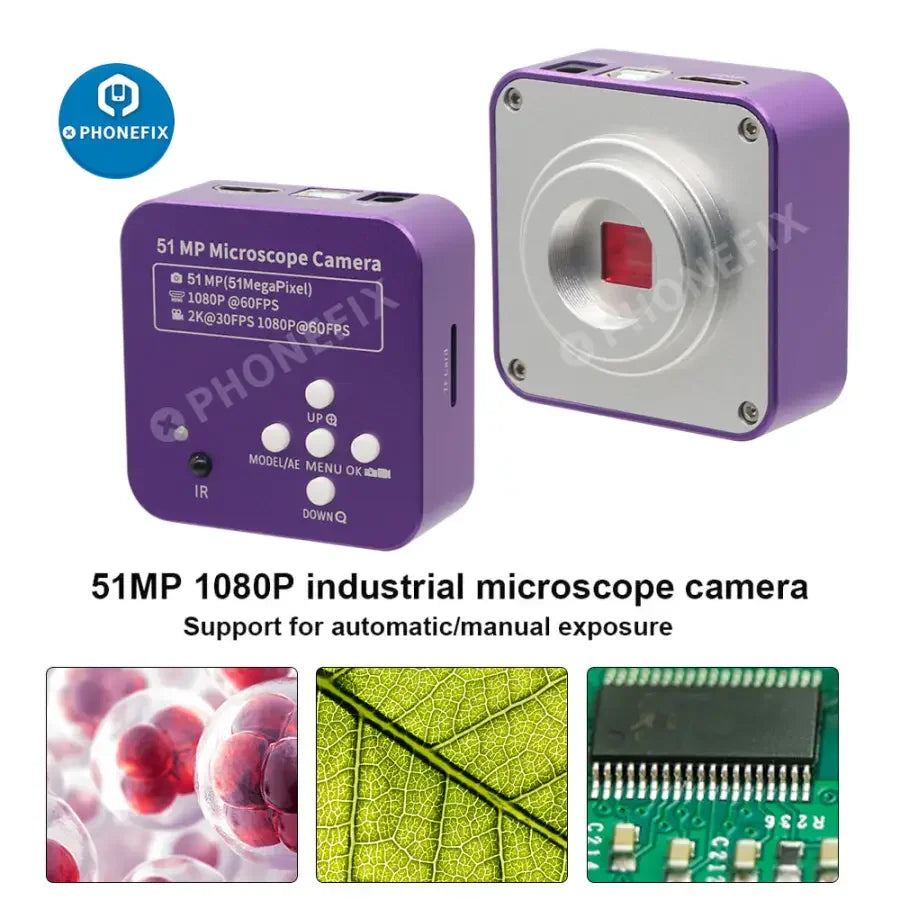 Caméra microscope PHONEFIX avec 51 MP, résolution 2K, 1080p, ports HDMI et USB, utilisée pour la réparation de téléphones et les travaux de soudure de précision.