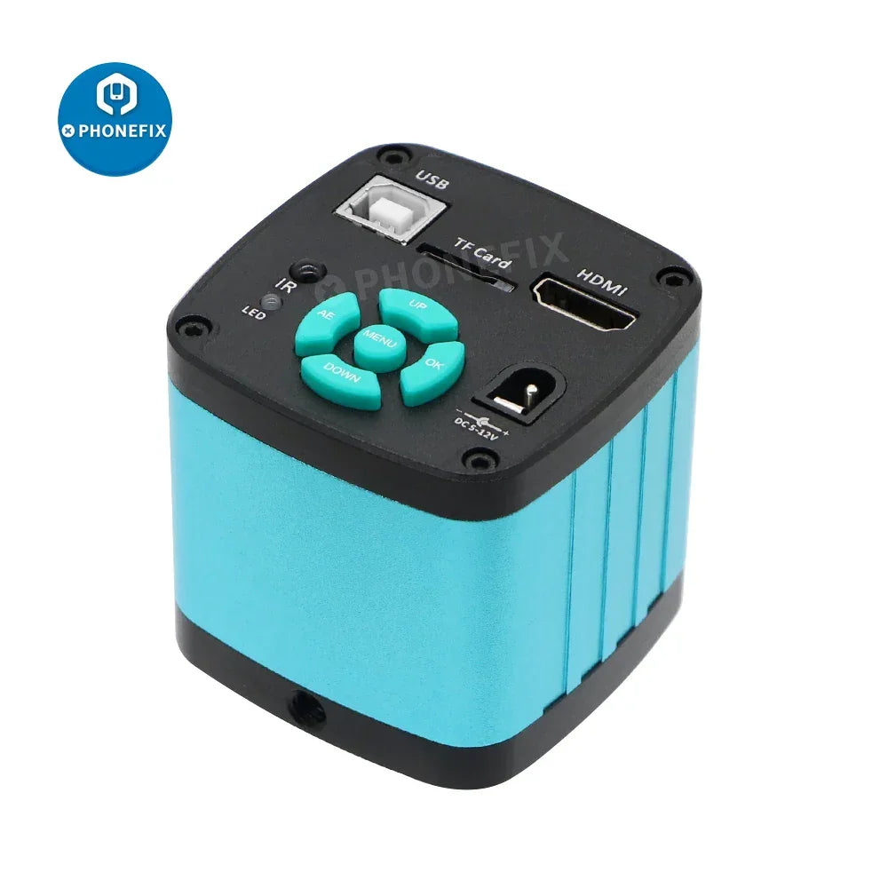 Caméra microscope PHONEFIX 51MP avec résolution 2K et 1080P, ports HDMI et USB, utilisée pour les inspections de soudure et de réparation.