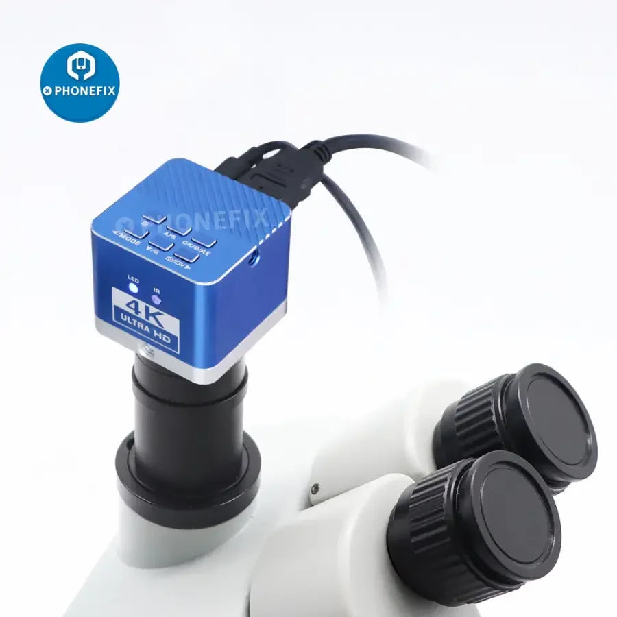 HDMI USB 4K industrial microscope camera with CCD detector, digital video microscope by PHONEFIX, showcasing detailed close-up images.