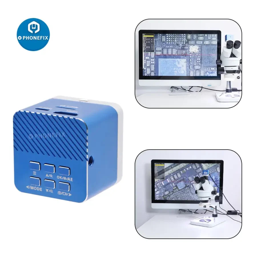 HDMI USB 4K industrial CCD microscope camera by PHONEFIX, showing detailed view of digital detector and video microscope setup.