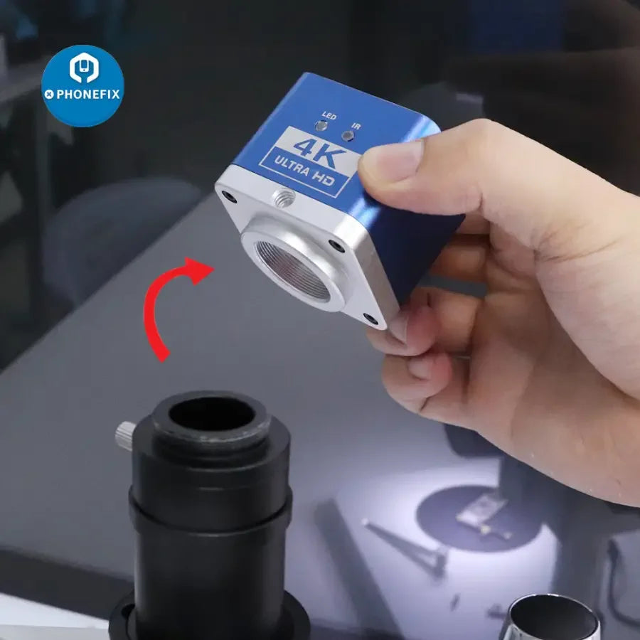 HDMI USB 4K industrial CCD microscope camera by PHONEFIX, showing detailed view of digital detector and video microscope setup.