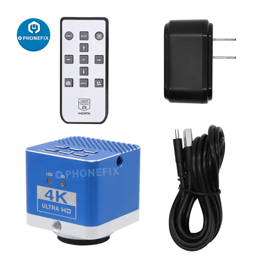 HDMI USB 4K industrial camera by PHONEFIX, CCD digital detector for microscopes, showing detailed microscopic view with cables and camera body.