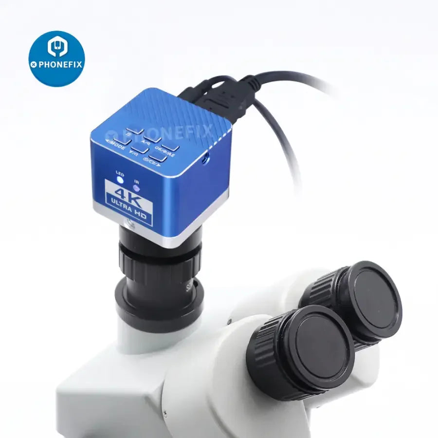 HDMI USB 4K industrial CCD microscope camera by PHONEFIX showing detailed view of digital detector for microscopy imaging.