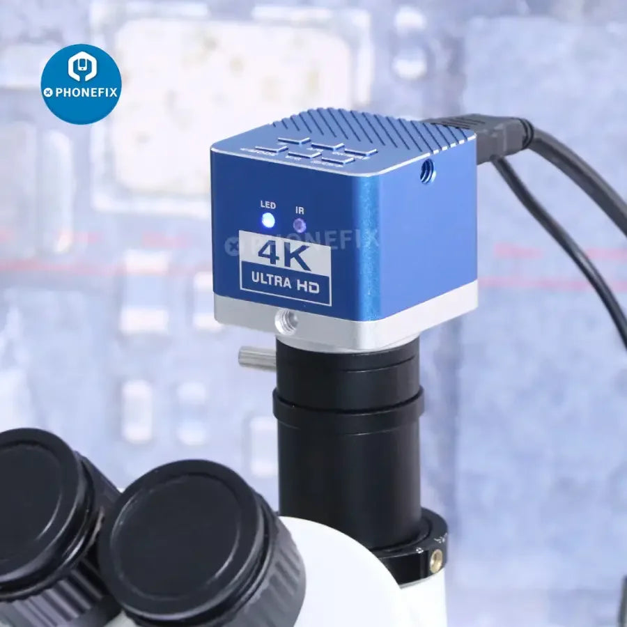 HDMI USB 4K industrial CCD microscope camera by PHONEFIX showing digital detector and video output for detailed microscopic imaging.
