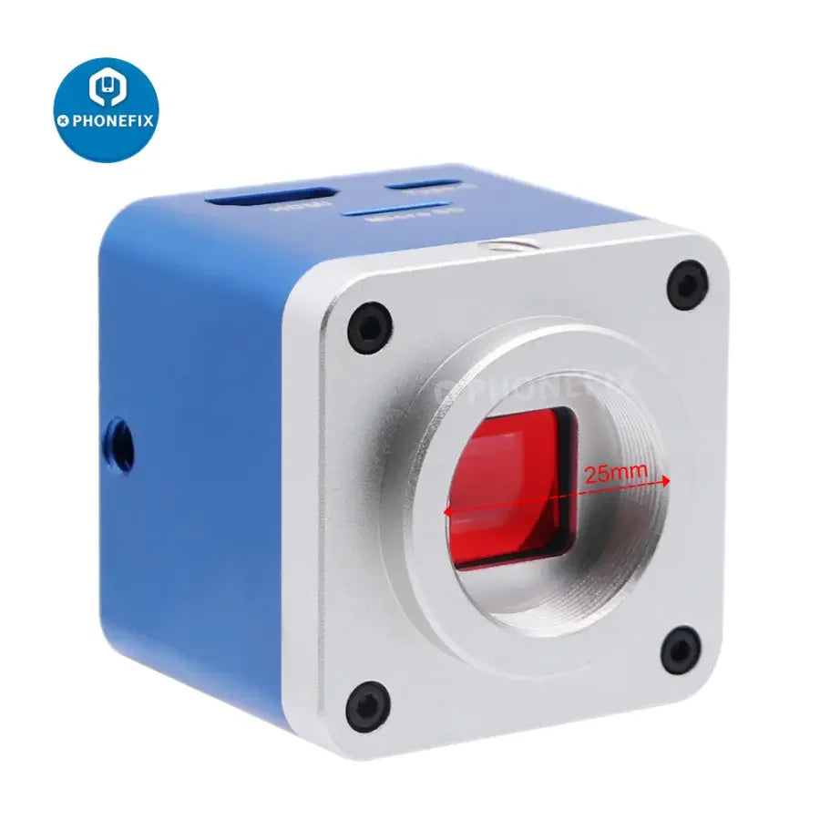 HDMI USB 4K industrial microscope camera by PHONEFIX showing CCD digital detector for high-resolution microscopic imaging.