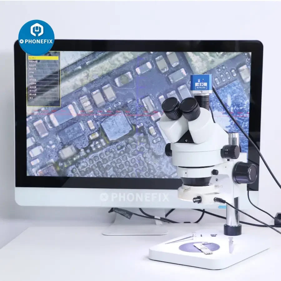 HDMI USB 4K industrial CCD camera by PHONEFIX, mounted on a microscope for detailed digital imaging and video capture.