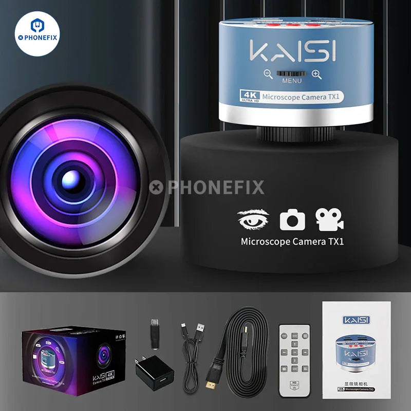 Kaisi TX1 4K HD dual interface industrial microscope camera showing the camera unit with connection ports and branding.