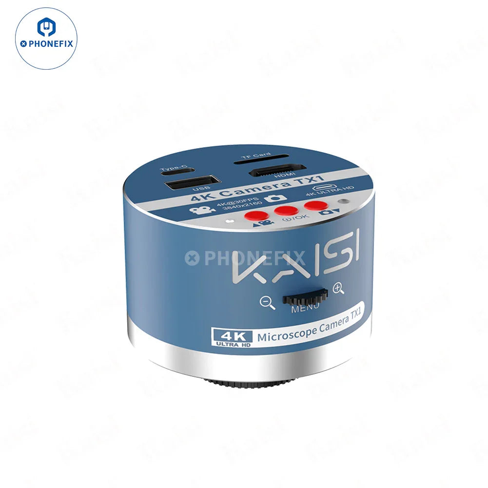 Kaisi TX1 4K HD dual interface industrial microscope camera by PHONEFIX showing detailed lens and connection ports.