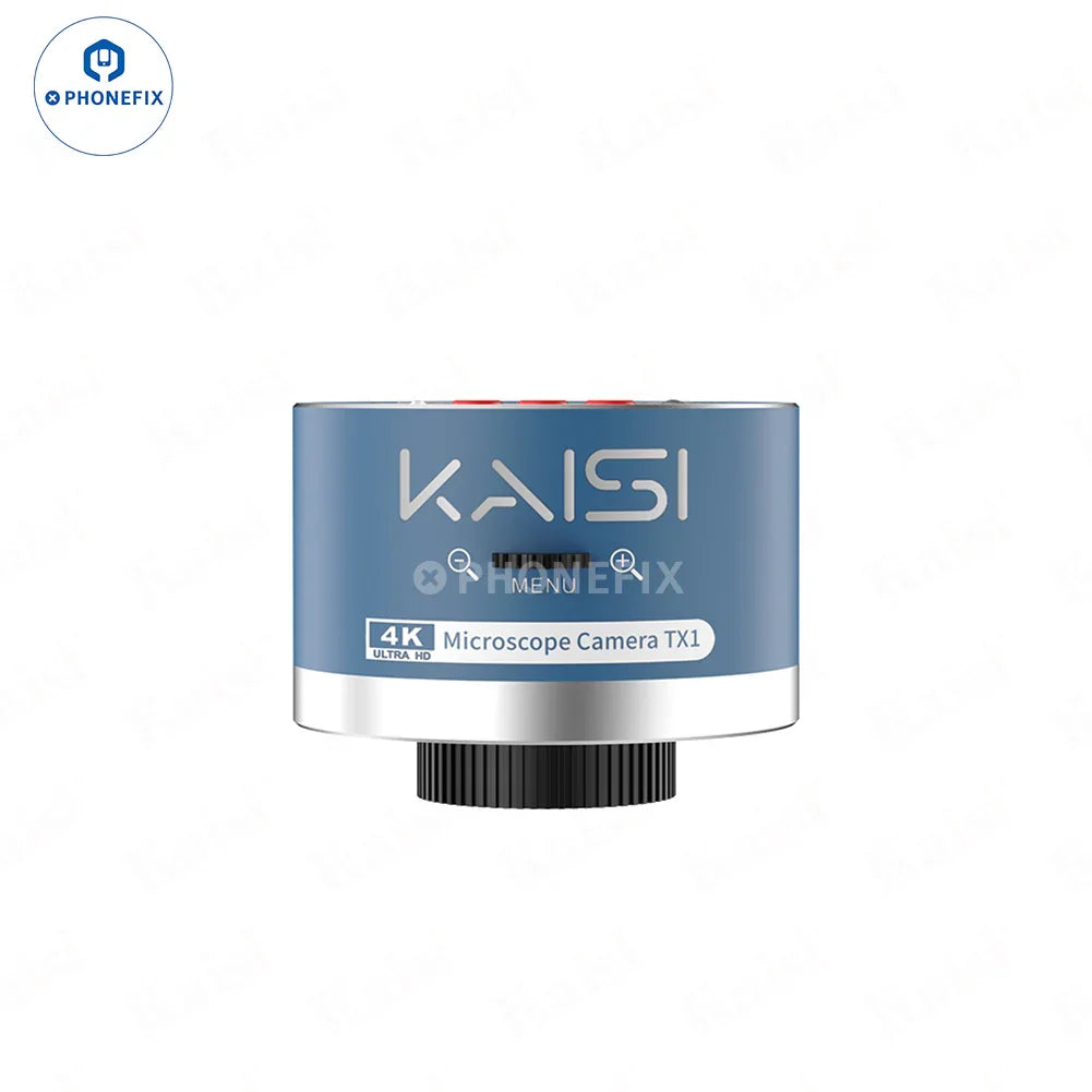 Kaisi TX1 4K HD dual interface industrial microscope camera by PHONEFIX showing front view with connection ports and lens
