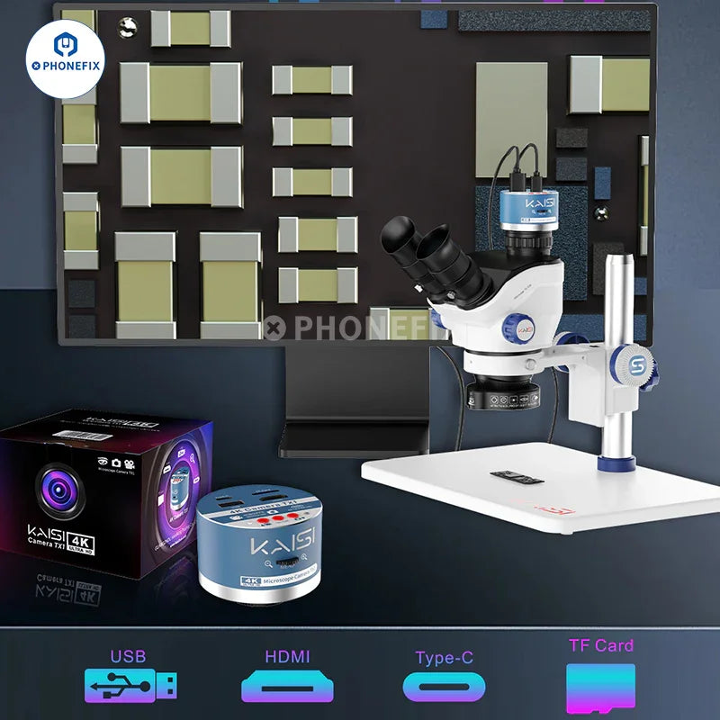 Kaisi TX1 4K HD dual interface industrial microscope camera by PHONEFIX, showing the compact camera with connection ports.
