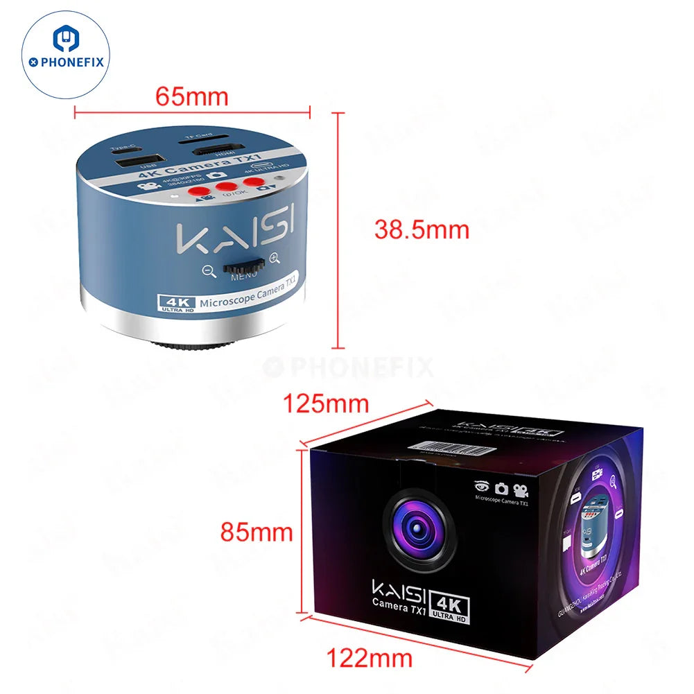 Kaisi TX1 4K HD dual interface industrial microscope camera for detailed imaging, compatible with various microscopes.