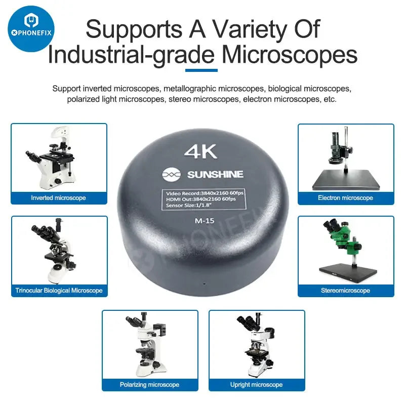 PHONEFIX SUNSHINE M-15 HDMI 4K microscope camera for trinocular microscopes, showing the camera mounted on the microscope setup.