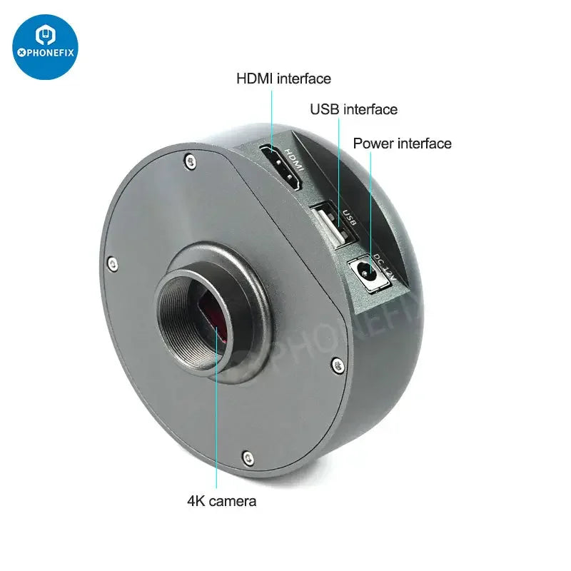 PHONEFIX SUNSHINE M-15 HDMI 4K microscope camera for trinocular microscopes, showing the camera attached to a microscope setup