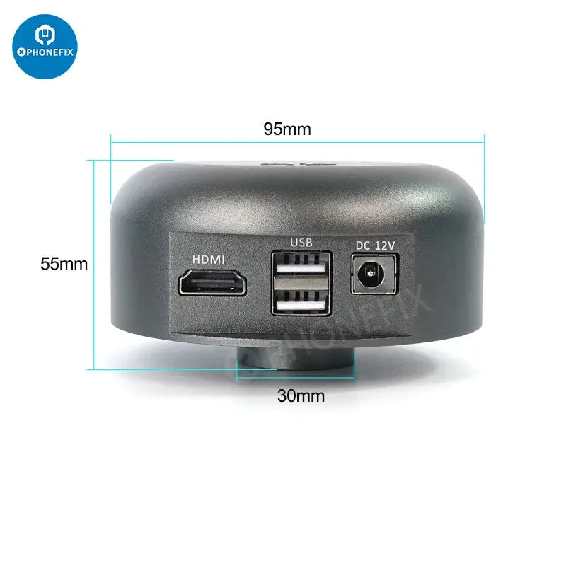 PhoneFix SUNSHINE M-15 HDMI 4K microscope camera for trinocular microscopes, showing the compact device with HDMI port and controls.