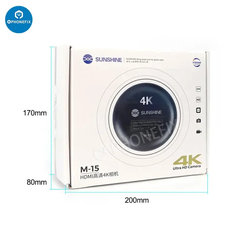 Phonefix SUNSHINE M-15 HDMI 4K microscope camera capturing detailed images for trinocular microscopes at 60fps.