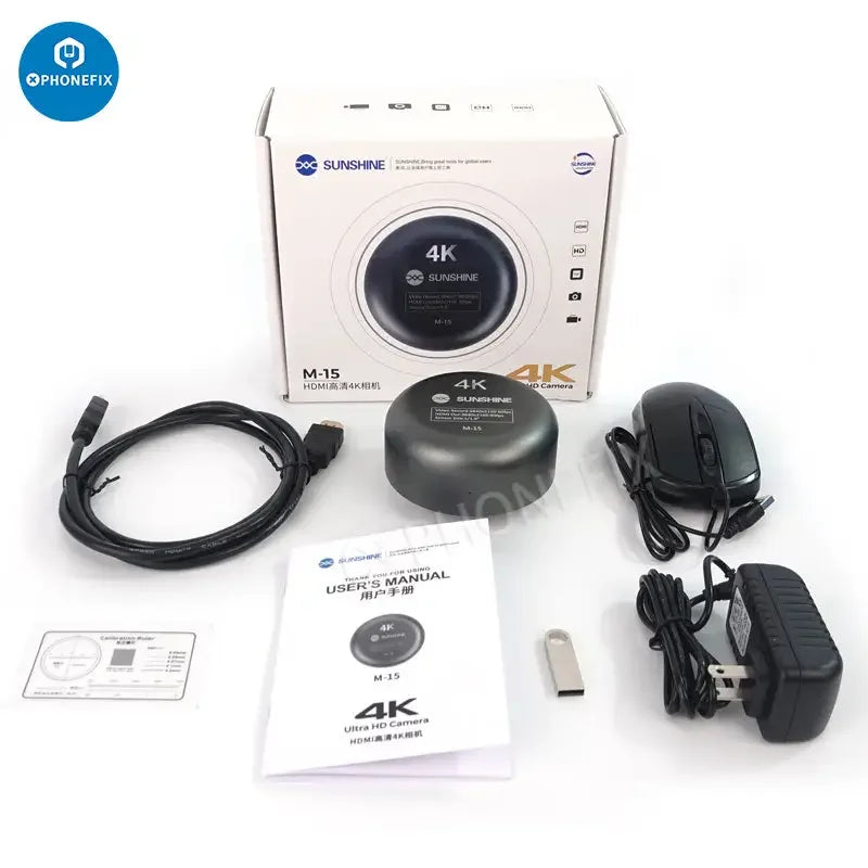 Phonefix SUNSHINE M-15 HDMI 4K microscope camera with 60fps for trinocular microscopes, capturing detailed high-resolution images.