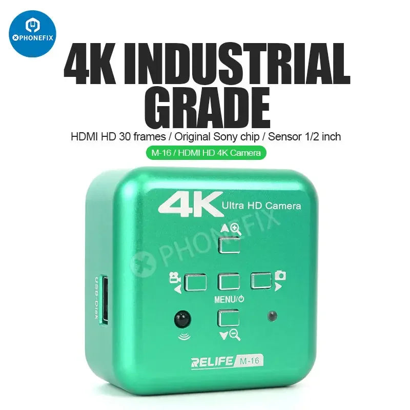 Relife M-16 4K 30fps HDMI electronic industrial microscope camera by PHONEFIX, showing the camera lens and connection port.