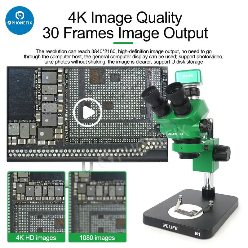 Relife M-16 4K HDMI electronic industrial microscope camera by PHONEFIX, showing the device with its HDMI connection and focus lens.