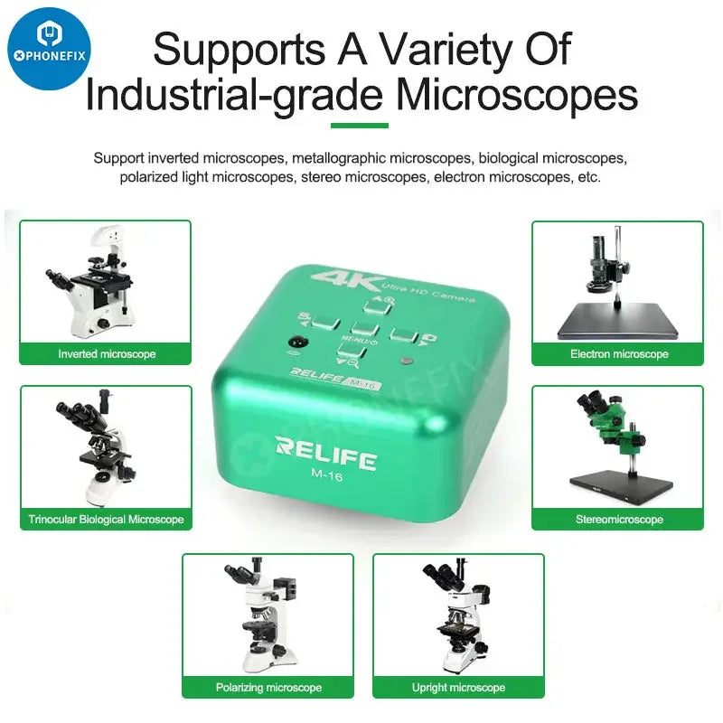 Relife M-16 4K HDMI industrial microscope camera by PHONEFIX showing lens and electronic control features.