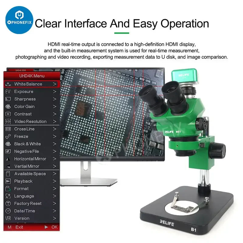 Relife M-16 4K HDMI industrial microscope camera by PHONEFIX, featuring high-resolution imaging and electronic control for detailed viewing.