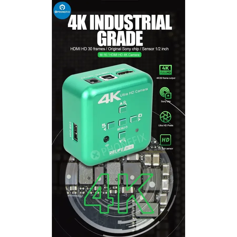Relife M-16 4K HDMI electronic industrial microscope camera by PHONEFIX showing camera lens and connection port.