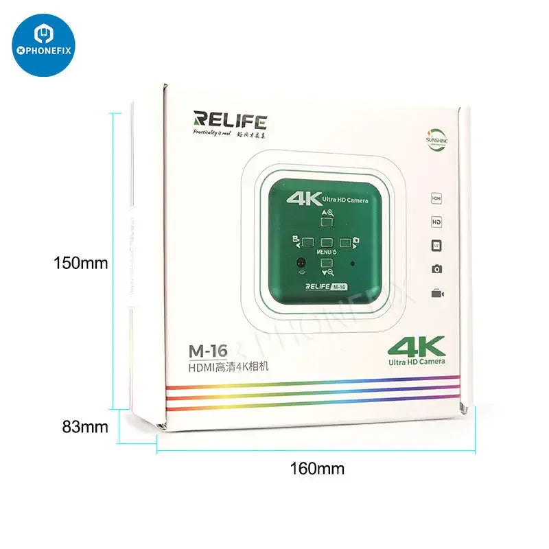 Relife M-16 4K 30fps HDMI industrial microscope camera by PHONEFIX showing detailed lens and electronic components.