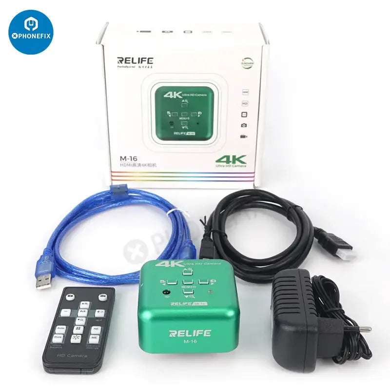 Relife M-16 4K HDMI electronic industrial microscope camera by PHONEFIX showing lens and connection ports for detailed imaging.