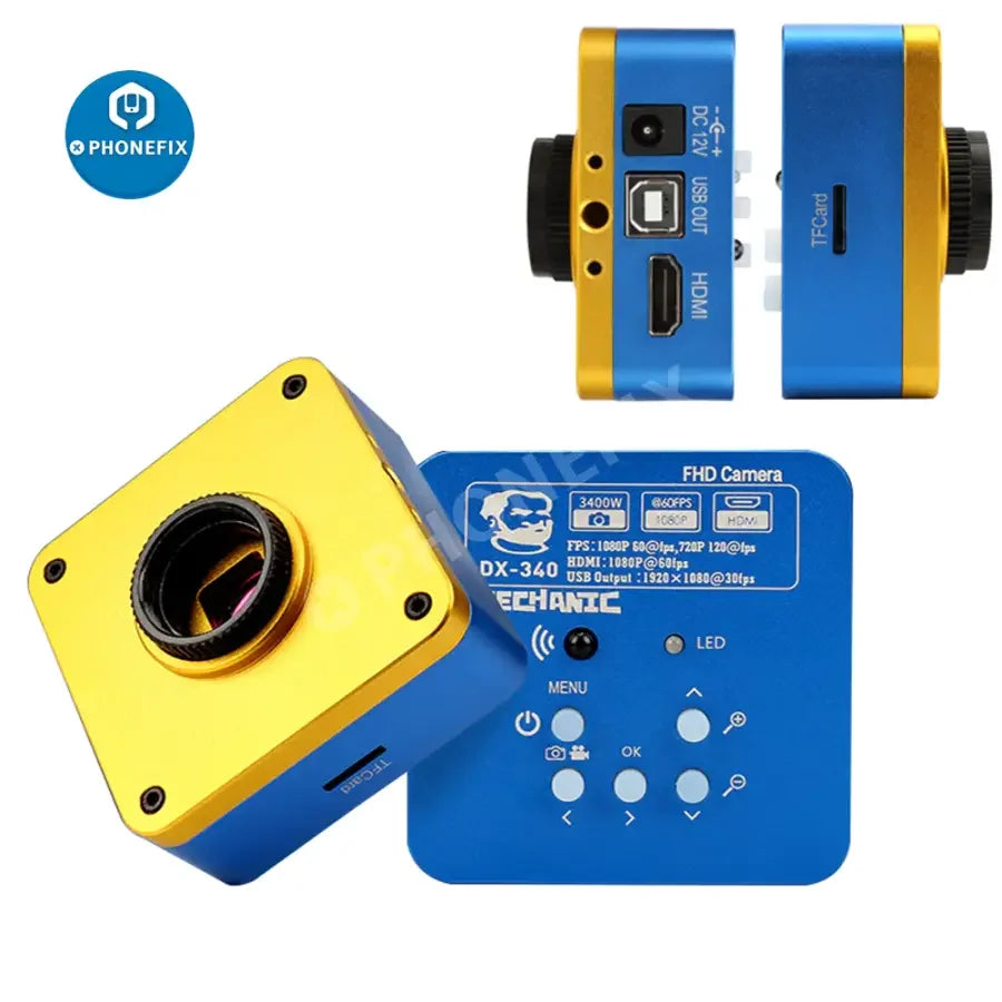 PHONEFIX 34MP 1080P microscope HDMI industrial camera for phone repair, used for detailed PCB soldering and electronics inspection.