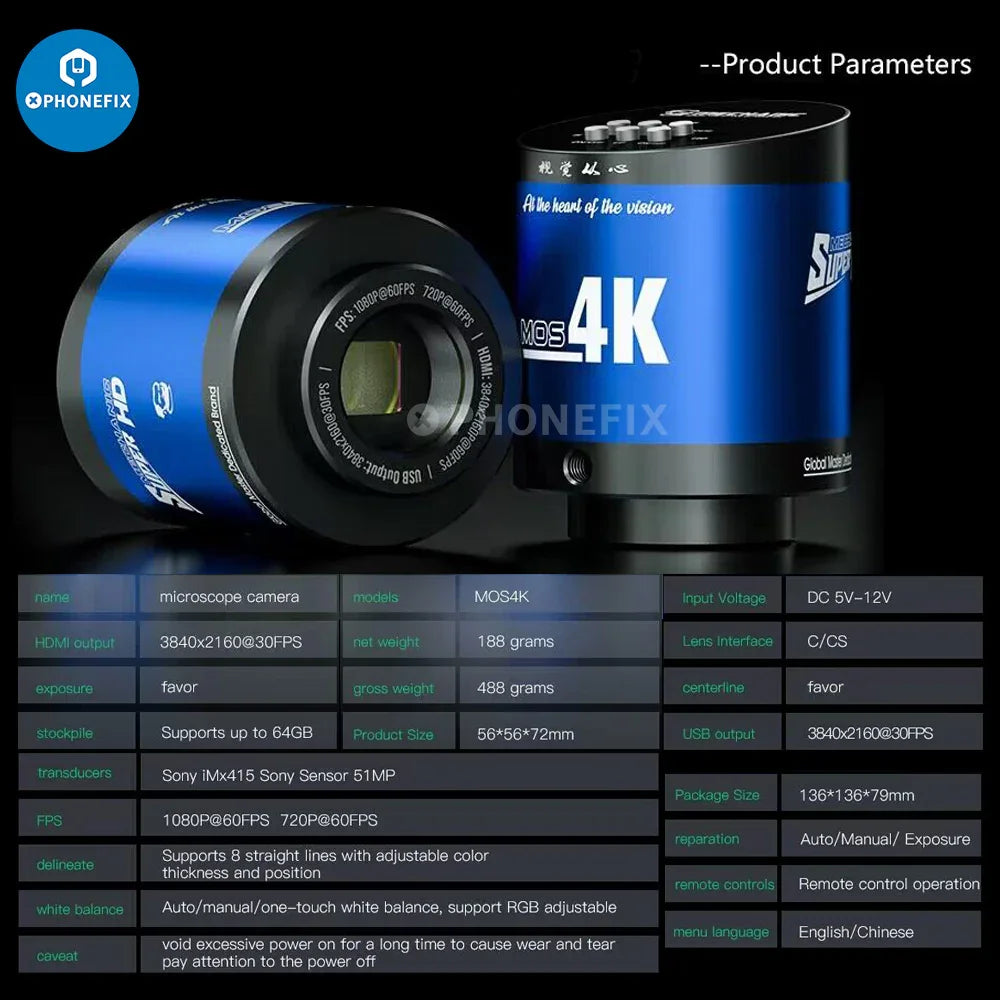 PHONEFIX Mechanic RX-4K HD industrial microscope camera showing detailed PCB soldering and repair view.