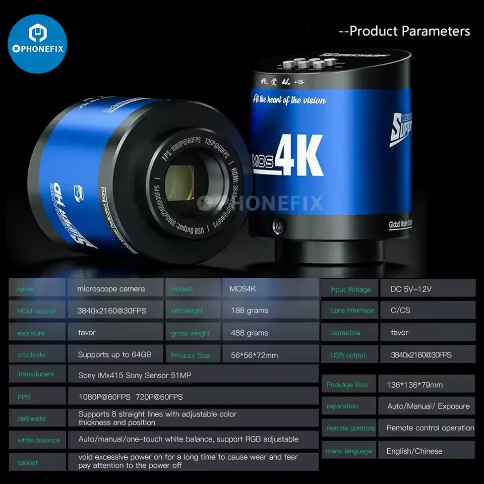 PHONEFIX Mechanic MOS 4K Pro industrial microscope camera displaying high-resolution 4K video of microscopic samples.