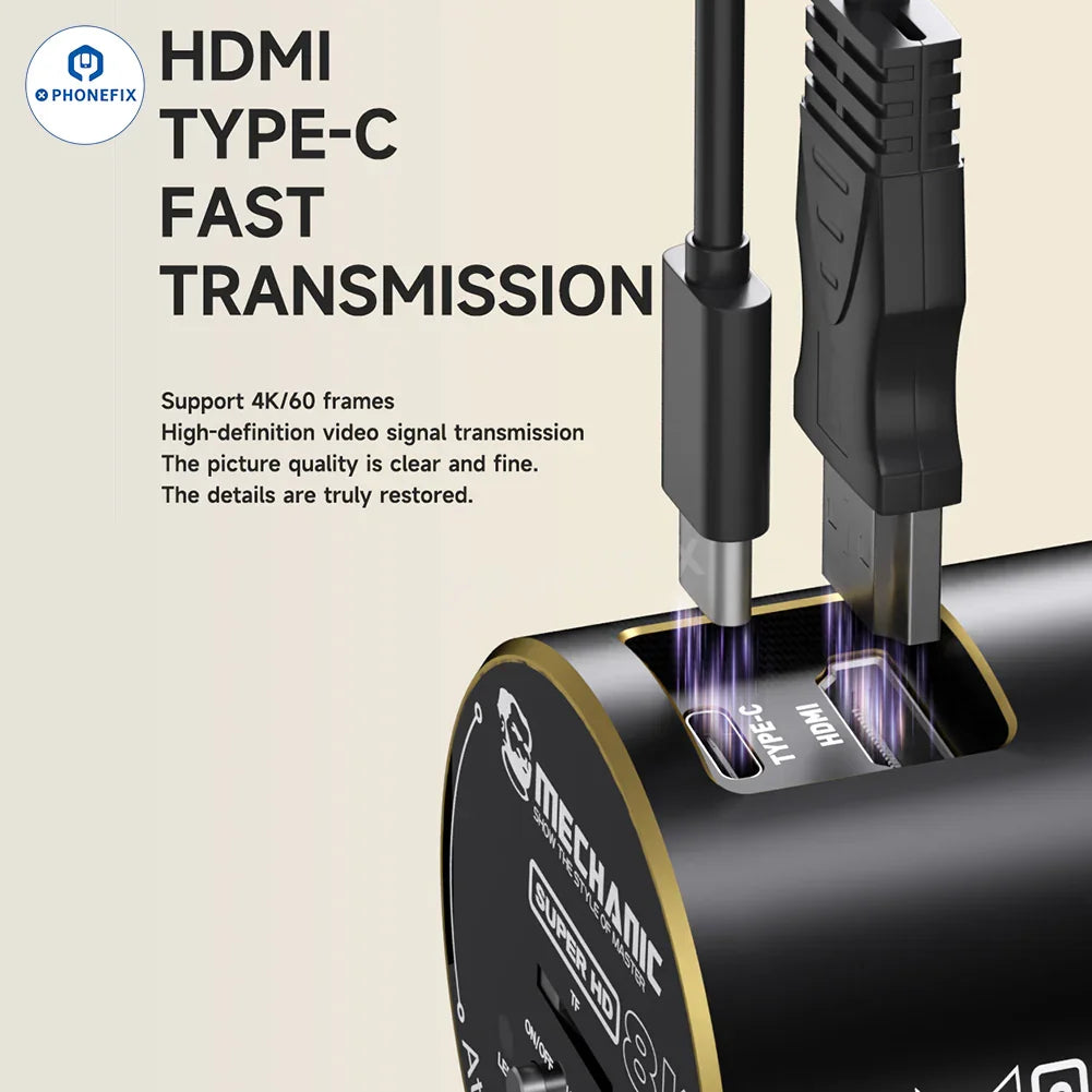 PHONEFIX MECHANIC MOS-8K microscope camera displaying detailed images on a monitor with 8K and 4K HDMI and USB output.