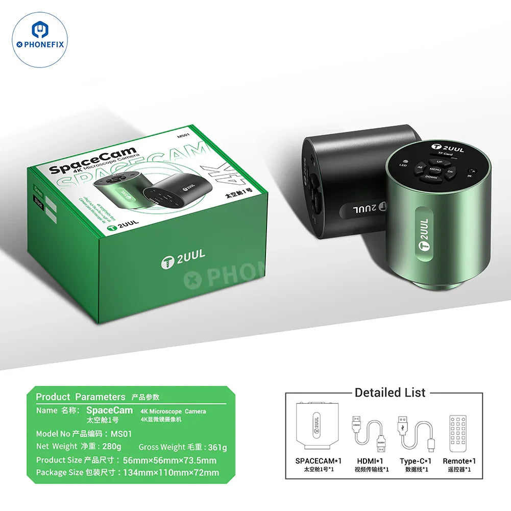 PHONEFIX 2UUL MS01 SpaceCam 4K microscope camera for phone repair, showing detailed lens and compact design for precise inspections.