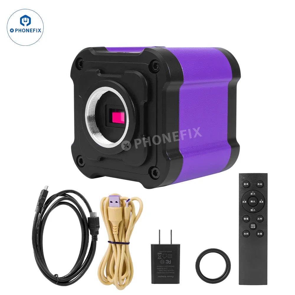 PHONEFIX 4K 14MP industrial microscope camera showing remote control and live image video on a monitor.