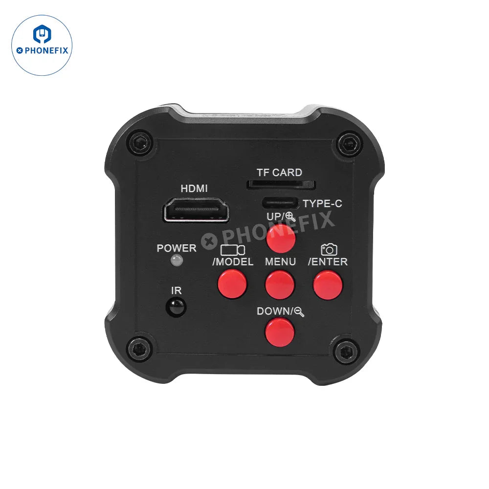 PHONEFIX 4K 14MP industrial microscope camera showing remote control interface and captured image on a monitor screen.