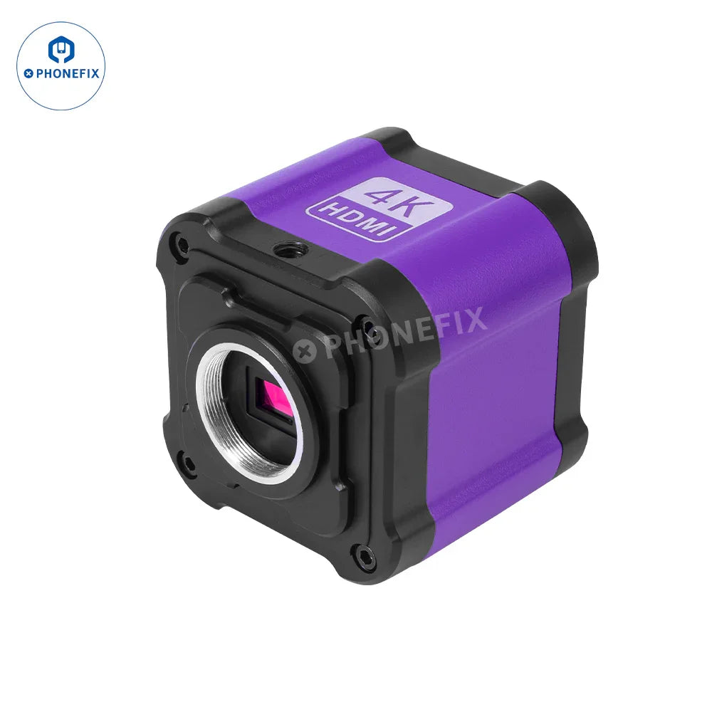 PHONEFIX 4K 14MP industrial microscope camera showing remote control and connected image display for detailed microscopic imaging.